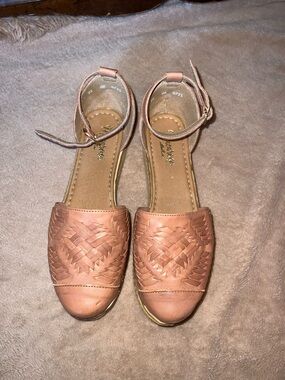 Macarena Collection Woven Ankle-Strap Women's Flats in Tan